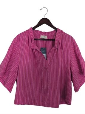 Universal Thread Top S Pink White Striped Linen Blend Tie Front Short Sleeve NWT
